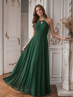 Forest Green Chiffon A-Line Halter Backless Floor-Length Bridesmaid Dress - Curvevia