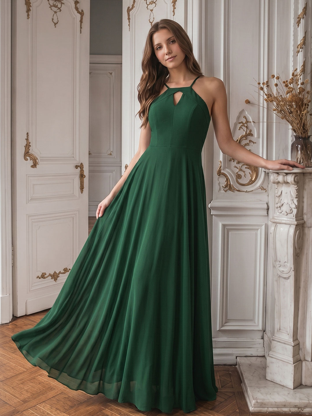 Forest Green Chiffon A-Line Halter Backless Floor-Length Bridesmaid Dress - Curvevia