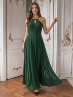Forest Green Chiffon A-Line Halter Backless Floor-Length Bridesmaid Dress - Curvevia