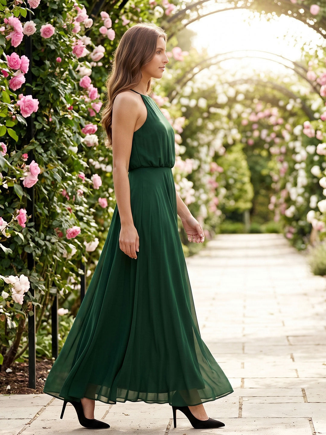 Forest Green Chiffon A-Line Halter Backless Floor-Length Pleated Bridesmaid Dress - Curvevia