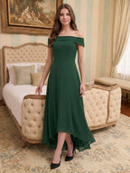 Forest Green Chiffon A-Line Off-the-Shoulder Back Zip Asymmetrical Bridesmaid Dress - Curvevia
