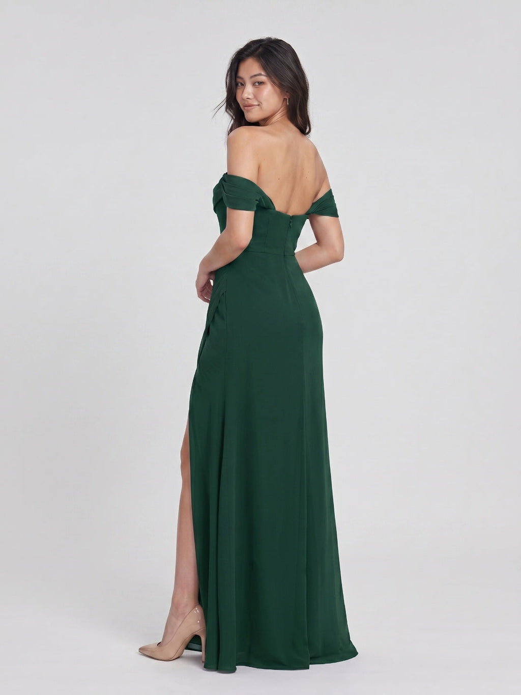 Forest Green Chiffon A-Line Off-the-Shoulder Back Zip Floor-Length Bridesmaid Dress with Pleating - Curvevia