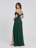 Forest Green Chiffon A-Line Off-the-Shoulder Back Zip Floor-Length Bridesmaid Dress with Pleating - Curvevia