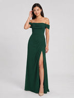 Forest Green Chiffon A-Line Off-the-Shoulder Back Zip Floor-Length Bridesmaid Dress with Pleating - Curvevia