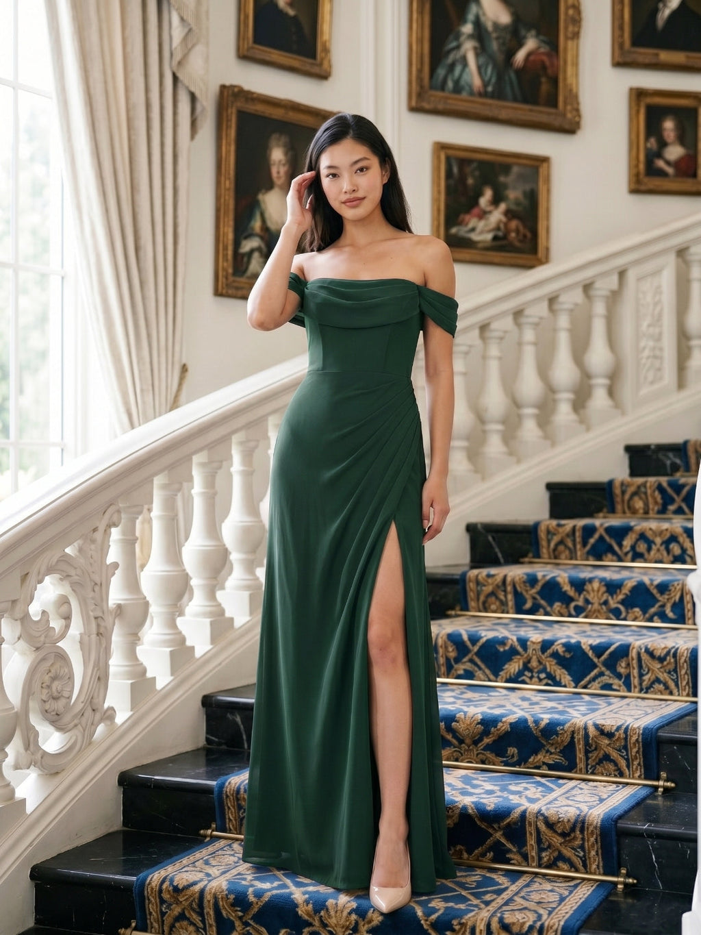 Forest Green Chiffon A-Line Off-the-Shoulder Back Zip Floor-Length Bridesmaid Dress with Pleating - Curvevia