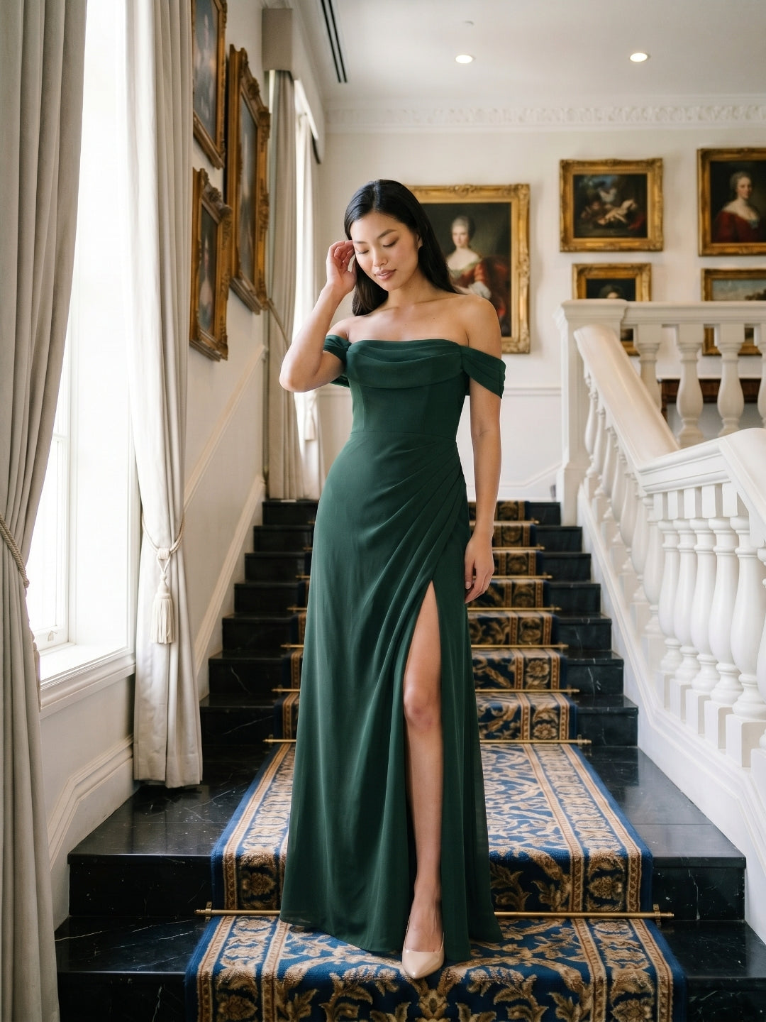 Forest Green Chiffon A-Line Off-the-Shoulder Back Zip Floor-Length Bridesmaid Dress with Pleating - Curvevia