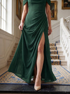 Forest Green Chiffon A-Line Off-the-Shoulder Back Zip Floor-Length Bridesmaid Dress with Pleating - Curvevia