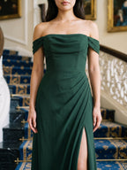 Forest Green Chiffon A-Line Off-the-Shoulder Back Zip Floor-Length Bridesmaid Dress with Pleating - Curvevia