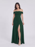 Forest Green Chiffon A-Line Off-the-Shoulder Back Zip Floor-Length Bridesmaid Dress with Pleating - Curvevia