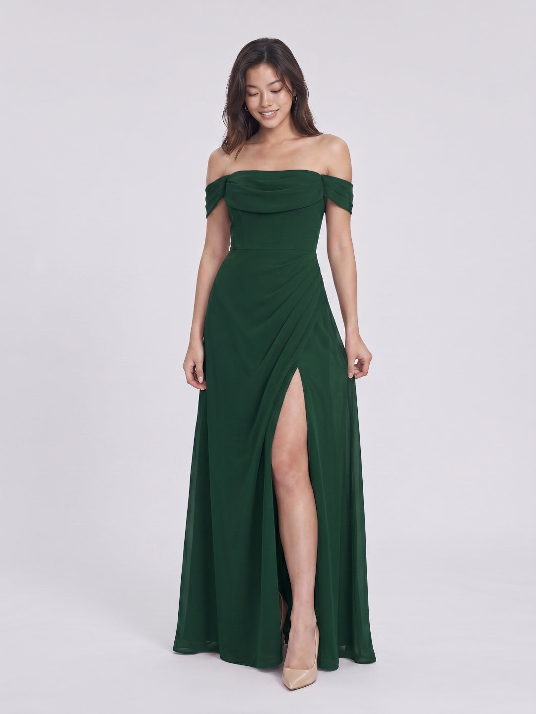 Forest Green Chiffon A-Line Off-the-Shoulder Back Zip Floor-Length Bridesmaid Dress with Pleating - Curvevia
