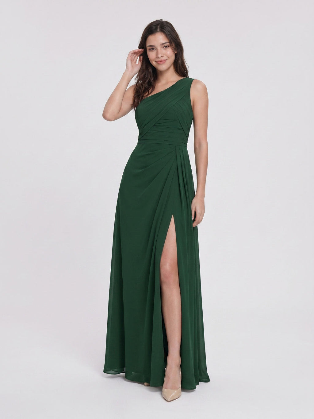 Forest Green Chiffon A-Line One Shoulder Back Zip Floor-Length Bridesmaid Dress with Pleating - Curvevia