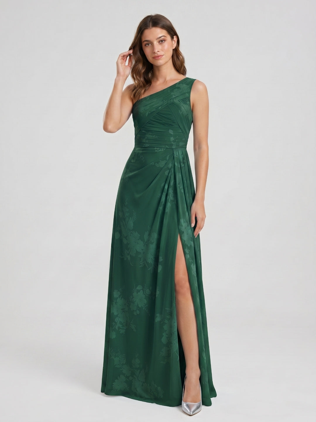 Forest Green Chiffon A-Line One Shoulder Back Zip Floor-Length Bridesmaid Dress with Pleating - Curvevia
