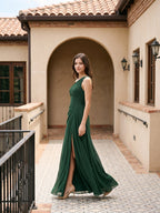 Forest Green Chiffon A-Line One Shoulder Back Zip Floor-Length Bridesmaid Dress with Pleating - Curvevia