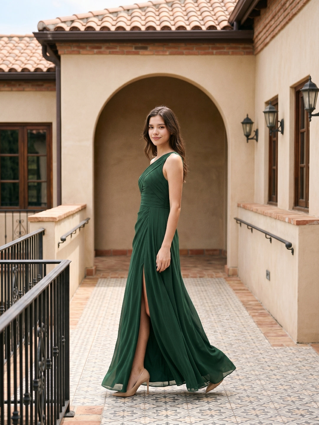 Forest Green Chiffon A-Line One Shoulder Back Zip Floor-Length Bridesmaid Dress with Pleating - Curvevia