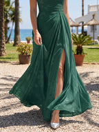 Forest Green Chiffon A-Line One Shoulder Back Zip Floor-Length Bridesmaid Dress with Pleating - Curvevia
