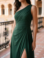 Forest Green Chiffon A-Line One Shoulder Back Zip Floor-Length Bridesmaid Dress with Pleating - Curvevia
