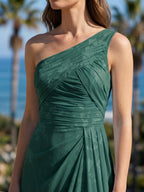 Forest Green Chiffon A-Line One Shoulder Back Zip Floor-Length Bridesmaid Dress with Pleating - Curvevia