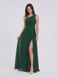 Forest Green Chiffon A-Line One Shoulder Back Zip Floor-Length Bridesmaid Dress with Pleating - Curvevia