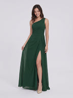 Forest Green Chiffon A-Line One Shoulder Back Zip Floor-Length Bridesmaid Dress with Pleating - Curvevia