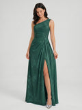 Forest Green Chiffon A-Line One Shoulder Back Zip Floor-Length Bridesmaid Dress with Pleating - Curvevia