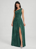 Forest Green Chiffon A-Line One Shoulder Back Zip Floor-Length Bridesmaid Dress with Pleating - Curvevia