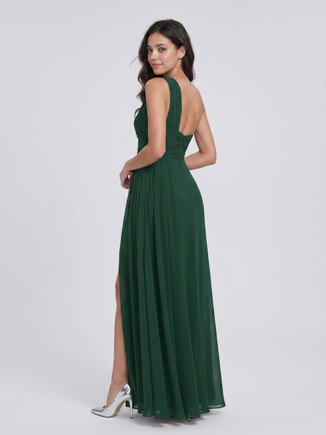 Forest Green Chiffon A-Line One Shoulder Back Zip Floor-Length Bridesmaid Dress with Pleating - Curvevia