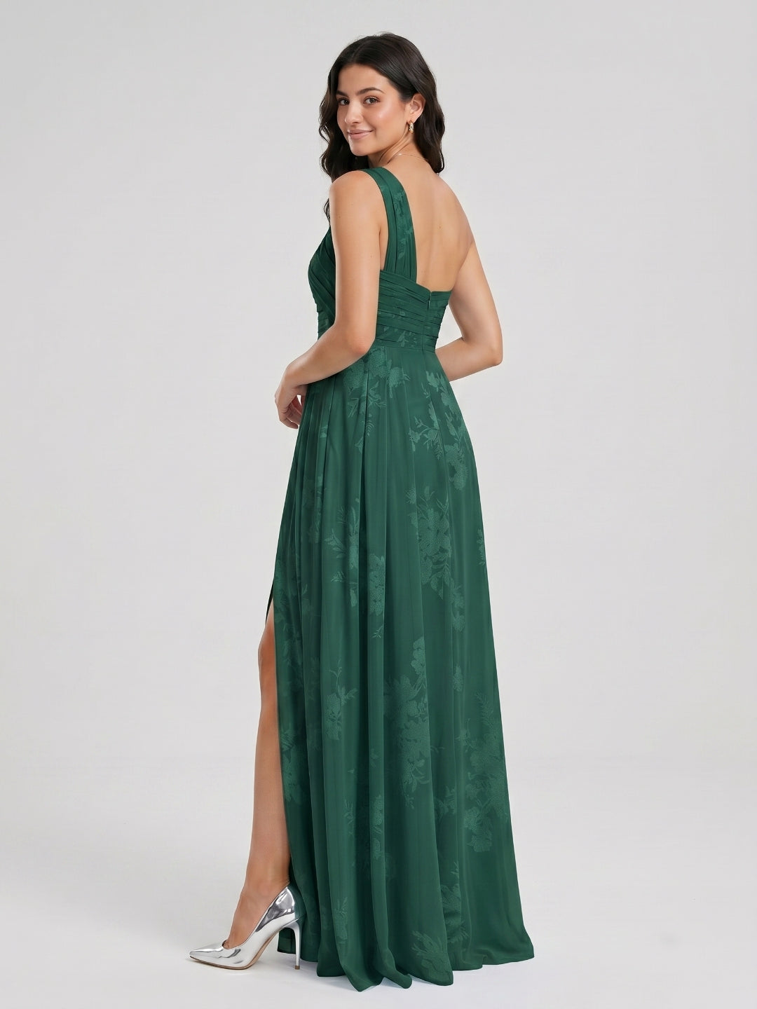 Forest Green Chiffon A-Line One Shoulder Back Zip Floor-Length Bridesmaid Dress with Pleating - Curvevia