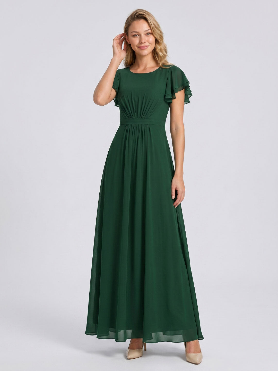 Forest Green Chiffon A-Line Scoop Neck Back Zip Floor-Length Bridesmaid Dress with Ruffles - Curvevia