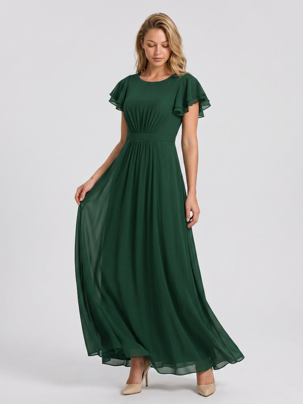Forest Green Chiffon A-Line Scoop Neck Back Zip Floor-Length Bridesmaid Dress with Ruffles - Curvevia