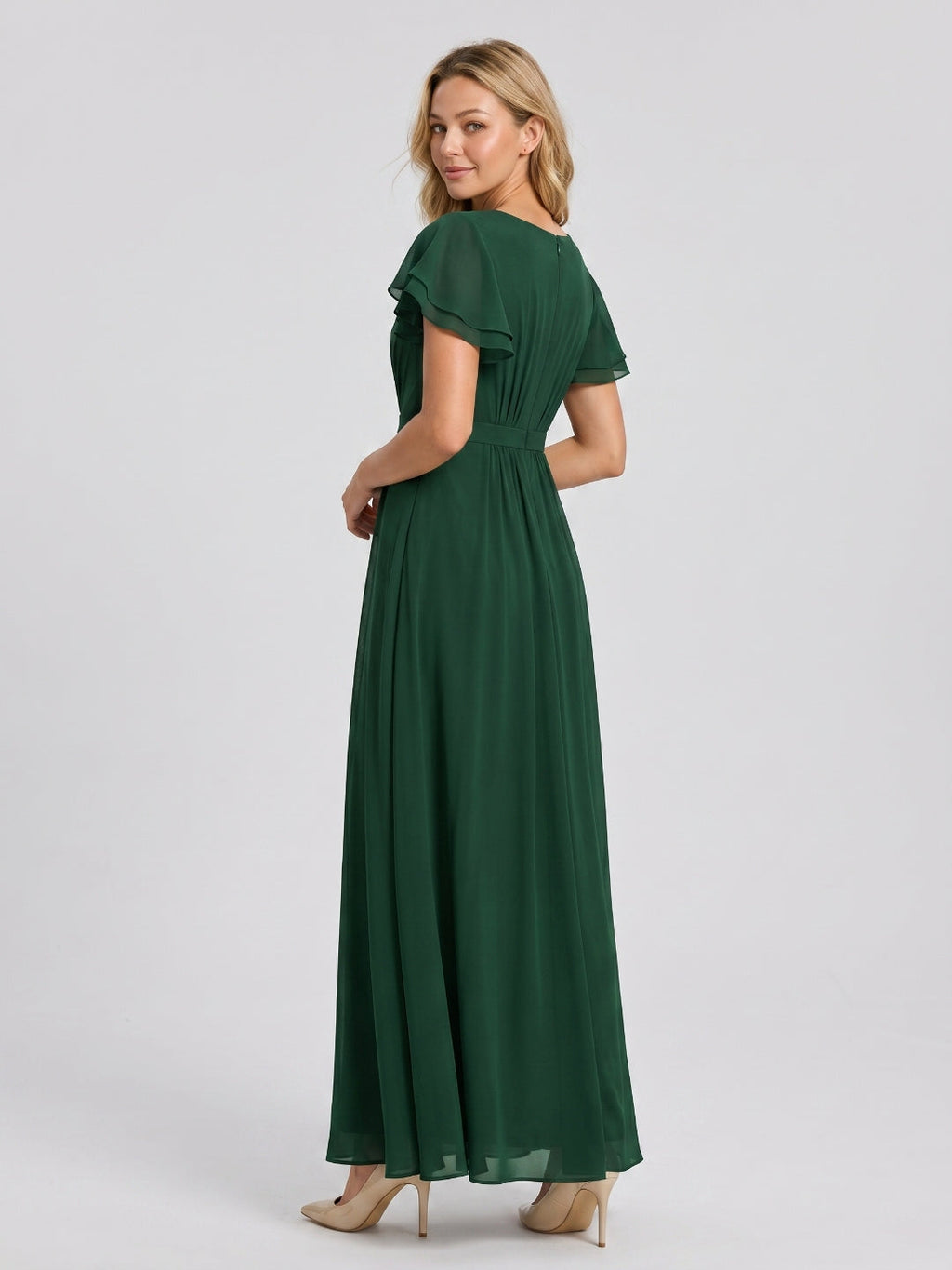 Forest Green Chiffon A-Line Scoop Neck Back Zip Floor-Length Bridesmaid Dress with Ruffles - Curvevia
