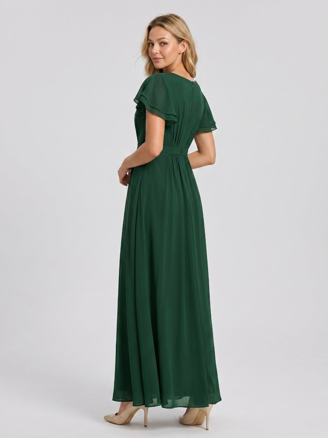 Forest Green Chiffon A-Line Scoop Neck Back Zip Floor-Length Bridesmaid Dress with Ruffles - Curvevia