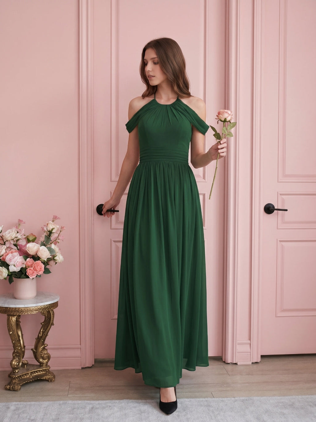 Forest Green Chiffon A-Line Scoop Neck Backless Floor-Length Pleated Bridesmaid Dress - Curvevia