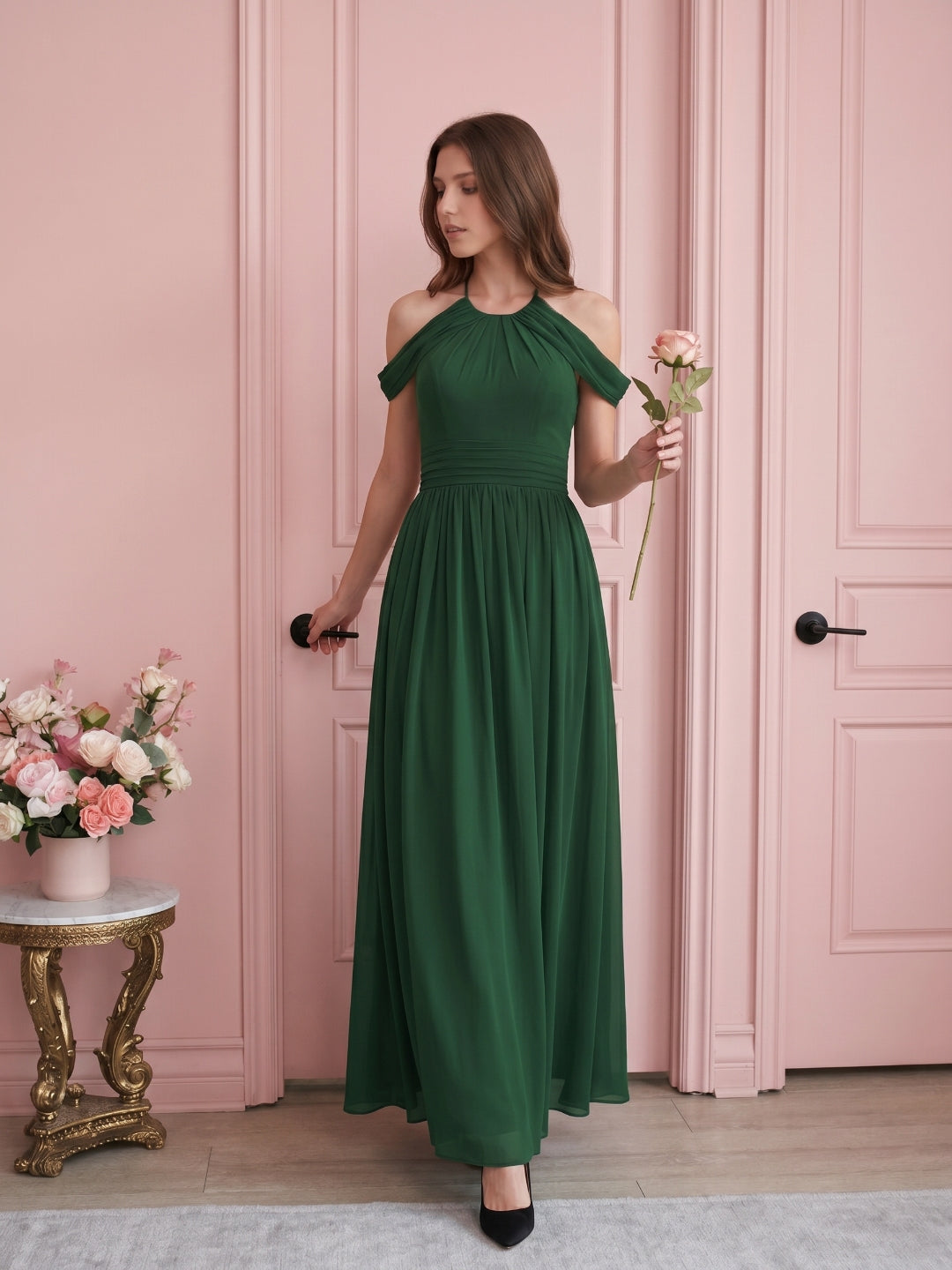 Forest Green Chiffon A-Line Scoop Neck Backless Floor-Length Pleated Bridesmaid Dress - Curvevia