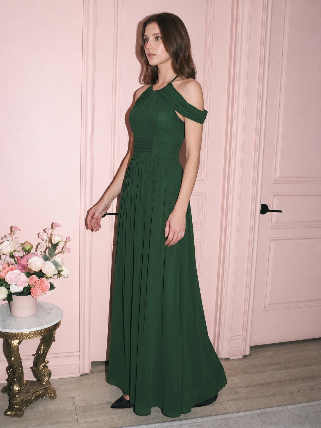 Forest Green Chiffon A-Line Scoop Neck Backless Floor-Length Pleated Bridesmaid Dress - Curvevia