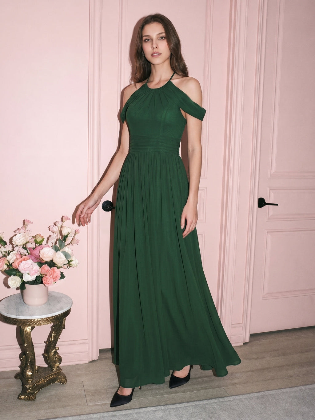 Forest Green Chiffon A-Line Scoop Neck Backless Floor-Length Pleated Bridesmaid Dress - Curvevia