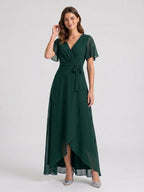 Forest Green Chiffon A-Line V-Neck Asymmetrical Bridesmaid Dress with Bow - Curvevia