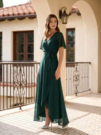 Forest Green Chiffon A-Line V-Neck Asymmetrical Bridesmaid Dress with Bow - Curvevia