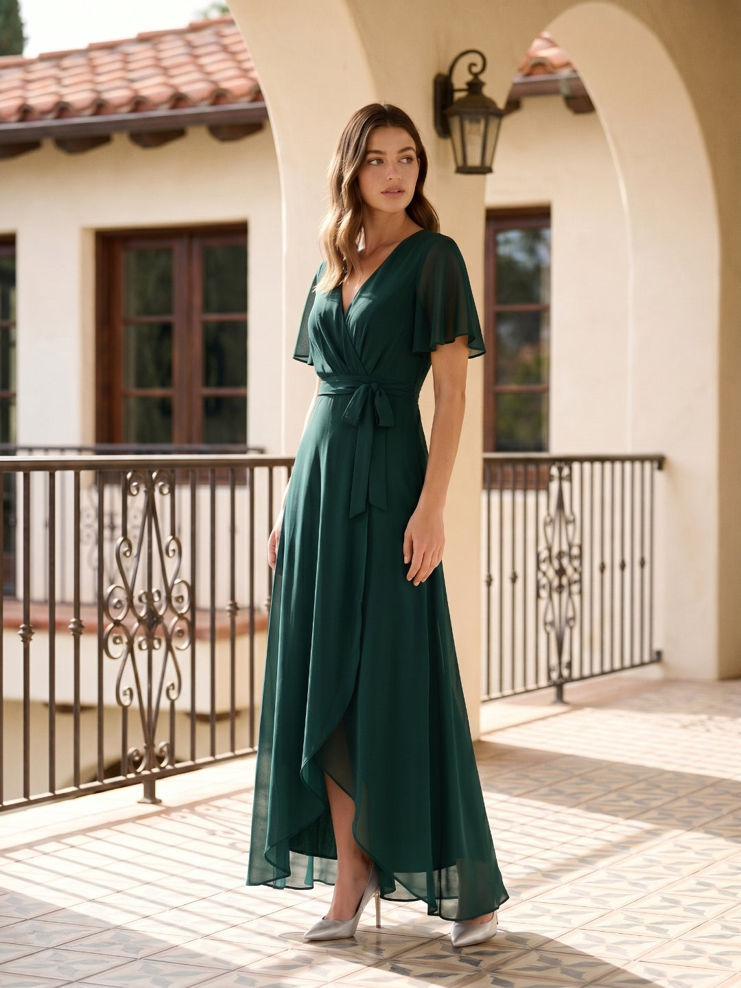 Forest Green Chiffon A-Line V-Neck Asymmetrical Bridesmaid Dress with Bow - Curvevia