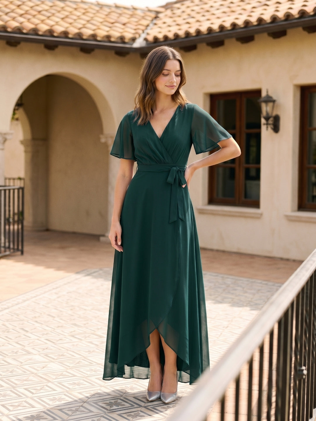 Forest Green Chiffon A-Line V-Neck Asymmetrical Bridesmaid Dress with Bow - Curvevia