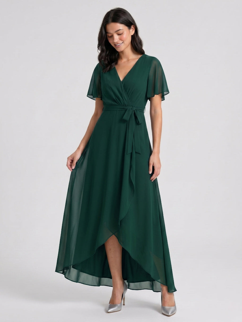 Forest Green Chiffon A-Line V-Neck Asymmetrical Bridesmaid Dress with Bow - Curvevia