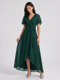 Forest Green Chiffon A-Line V-Neck Asymmetrical Bridesmaid Dress with Bow - Curvevia