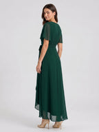 Forest Green Chiffon A-Line V-Neck Asymmetrical Bridesmaid Dress with Bow - Curvevia