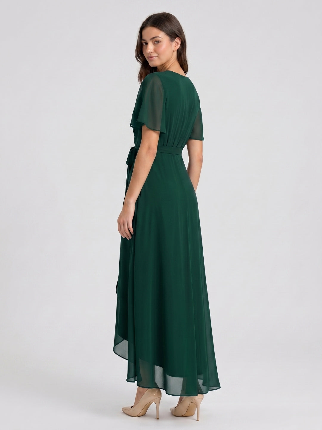 Forest Green Chiffon A-Line V-Neck Asymmetrical Bridesmaid Dress with Bow - Curvevia