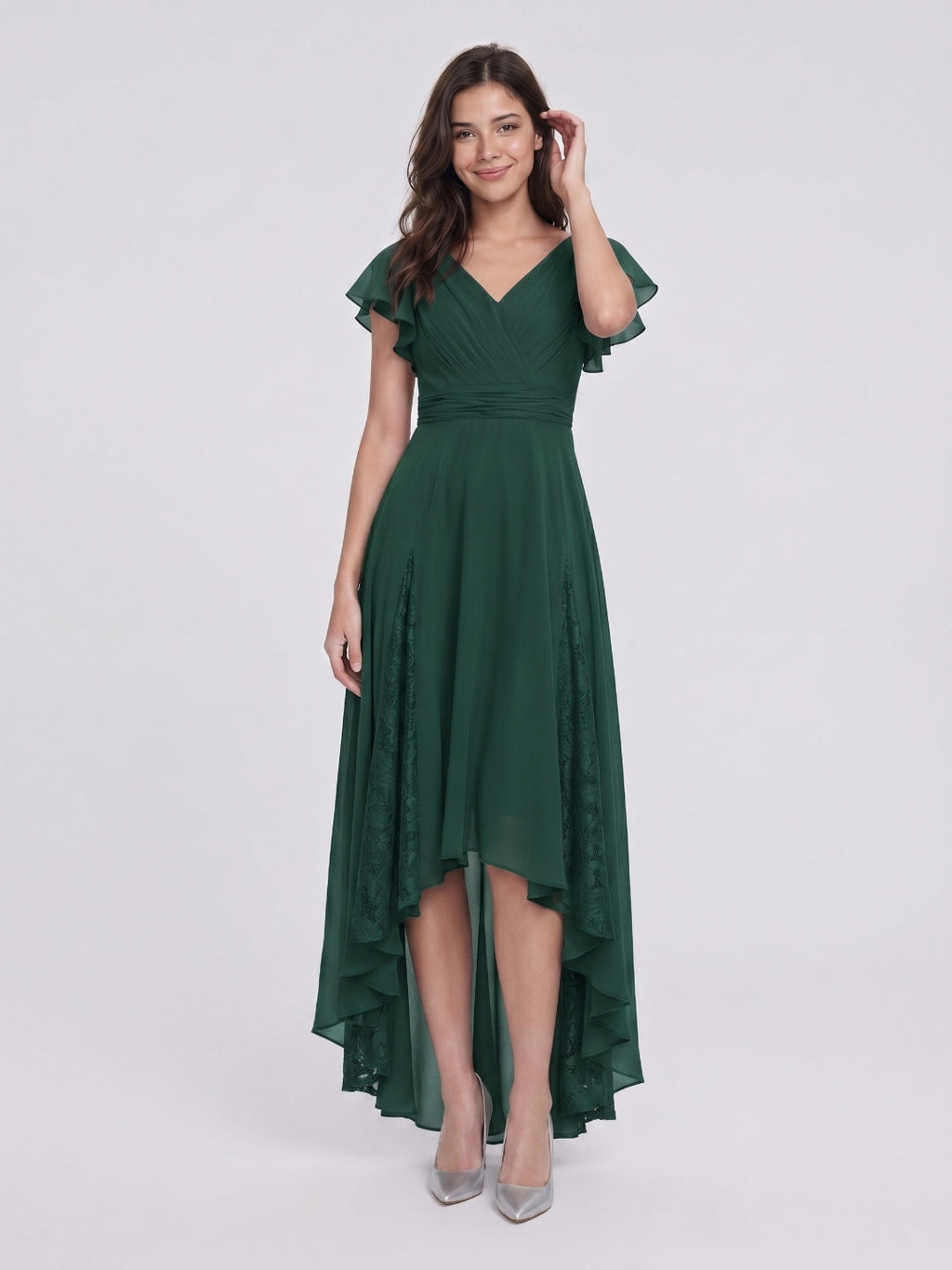 Forest Green Chiffon A-Line V-Neck Back Zip Asymmetrical Bridesmaid Dress with Ruffles - Curvevia