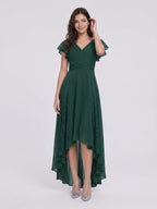 Forest Green Chiffon A-Line V-Neck Back Zip Asymmetrical Bridesmaid Dress with Ruffles - Curvevia