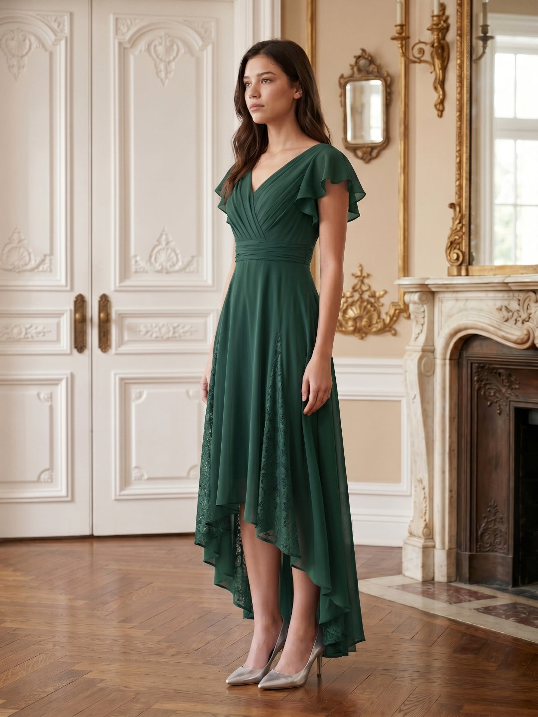 Forest Green Chiffon A-Line V-Neck Back Zip Asymmetrical Bridesmaid Dress with Ruffles - Curvevia