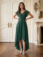 Forest Green Chiffon A-Line V-Neck Back Zip Asymmetrical Bridesmaid Dress with Ruffles - Curvevia