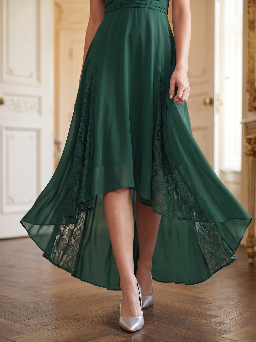 Forest Green Chiffon A-Line V-Neck Back Zip Asymmetrical Bridesmaid Dress with Ruffles - Curvevia