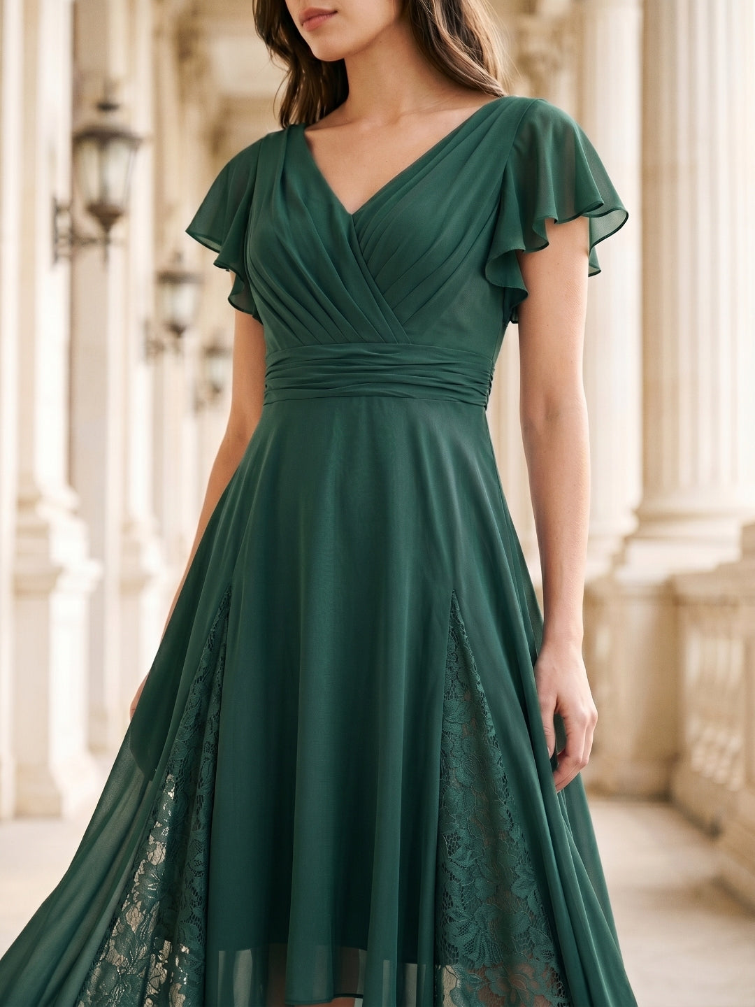 Forest Green Chiffon A-Line V-Neck Back Zip Asymmetrical Bridesmaid Dress with Ruffles - Curvevia