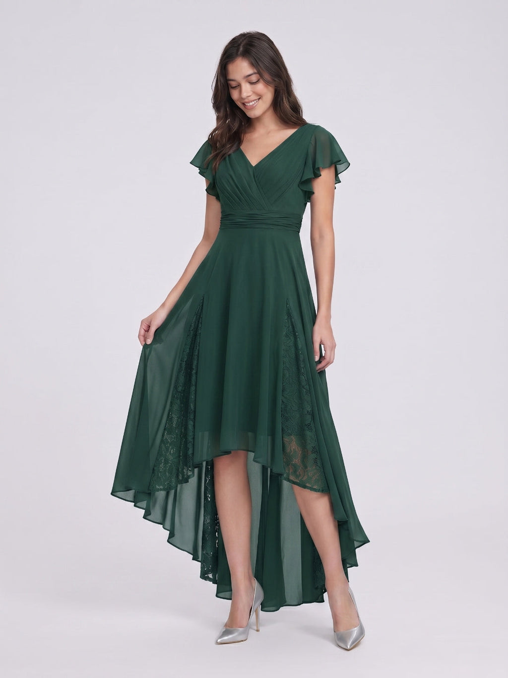 Forest Green Chiffon A-Line V-Neck Back Zip Asymmetrical Bridesmaid Dress with Ruffles - Curvevia